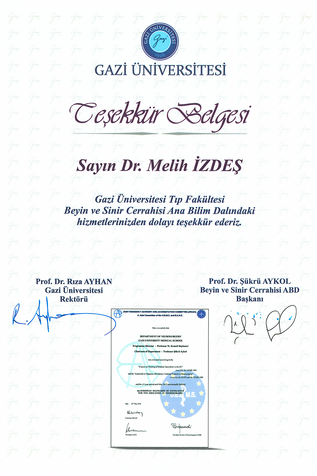 Gazi Üniversitesi - Teşekkür Belgesi