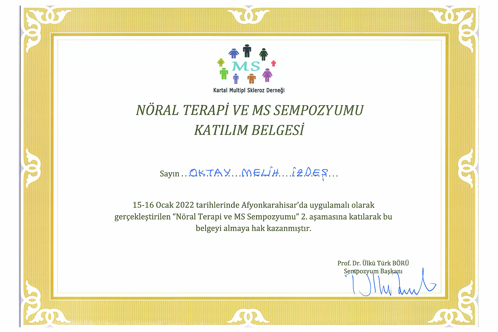 Nöral Terapi ve MS Sempozyumu Katılım Belgesi